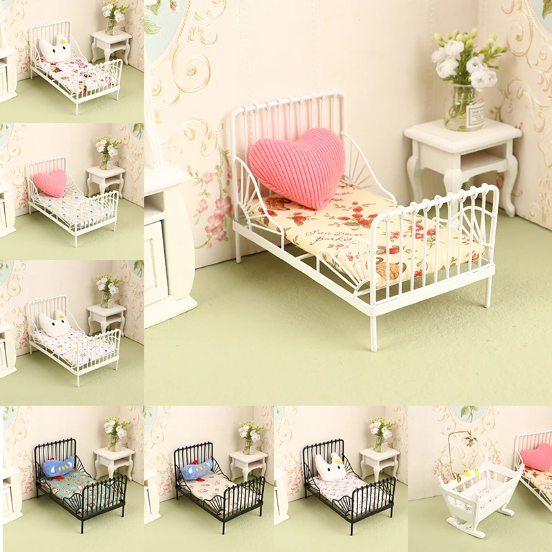 1Set 1:12 Dollhouse Iron European Bed Mini Cradle Bed with Mattress Cushion - $14.87+