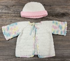 Hand Knit Baby Girl Sweater And Hat Size 0-6 Months Pink/Pastel Colors - £14.77 GBP