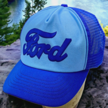 Vtg Ford Adjust-A-Tab Foam Trucker Mesh Snapback Hat Blue Made in USA - £23.50 GBP