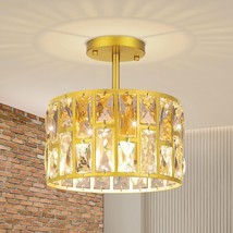 Gold Flush Mount Ceiling Light Fixture Modern Crystal Glass Hallway Metal Semi 3 - £39.30 GBP