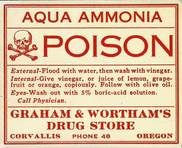 Vintage Pharmacy Label Aqua Ammonia Poison Graham &amp; Wortham&#39;s Drug Store Oregon - £30.96 GBP