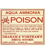 Vintage Pharmacy Label AQUA AMMONIA POISON Graham &amp; Wortham&#39;s Drug Store... - $63.79 CAD