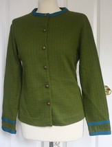 Vintage Jantzen 36 M Green Blue Dot Sweater Cardigan Made USA Thick Knit... - $22.80