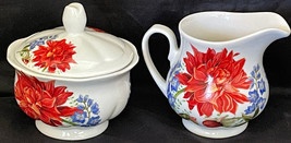 Table Ware Stoneware Floral Pattern Red Blue + creamer + Sugar Bowl w Lid - £18.91 GBP