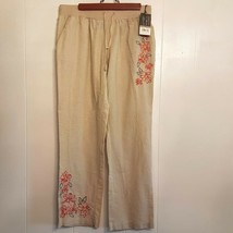 NEW Macy&#39;s Fluent Life Linen Pants size 12 Beige Embroidered Drawstring ... - £15.57 GBP
