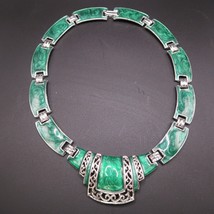 Large Choker Necklace Silvertone and Green Enamel Collar 8 Inch - £9.92 GBP