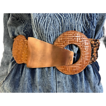 Vintage 80s Belt Solid Copper Buckle, Basketweave Leather and stretch Straw - $61.48