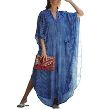 Women&#39;S Blue Striped Bikini Swimsuit Cover Ups Plus Size Caftan Dresses Button U - £43.95 GBP