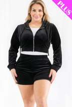 Plus Size Velour Crop Zip Up Hoodie And Shorts Set - $32.00