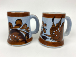 Vtg 80s Mexican Pottery Mugs Handmade Hot Chocolate Coffee Steel Gray &amp; Brown - £19.46 GBP