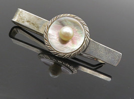 925 Sterling Silver - Vintage Mother Of Pearl &amp; Petite Pearl Tie Clip - ... - £37.89 GBP