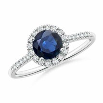 ANGARA Round Sapphire Halo Ring with Diamond Accents for Women in 14K Solid Gold - £1,050.32 GBP