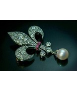 2Ct Simulated Diamond Pearl &amp; Ruby Elegant Brooch Pin 14k White Gold Plated - $76.48