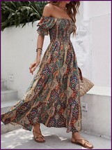 Vibrant Boho Chic Women&#39;s Maxi Dress - Off-Shoulder, Floral Print 100% P... - $43.99