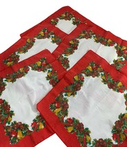 Vintage Christmas Cloth Napkins Red White Holly Berries Fruit Ribbon Holiday - £11.87 GBP
