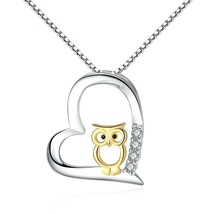 S925 Sterling Silver Love Heart with Gold Owl Pendant Necklace For Women 18&quot; - £58.95 GBP