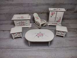 Vintage Dollhouse Miniature Wood Bedroom Set Painted Pink Roses Dresser Table - £27.16 GBP