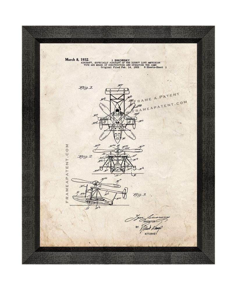 Aircraft Of The Direct Lift Amphiblan Patent Print Old Look with Beveled Wood Fr