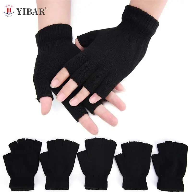 1Pair Black Half Finger Fingerless Gloves For Women And Men Wool Knit Wrist - £7.07 GBP