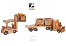 Tractor Trailer &amp; Fork Lift Set - Amish Handmade Walnut &amp; Maple Wood Skid Truck - £196.58 GBP