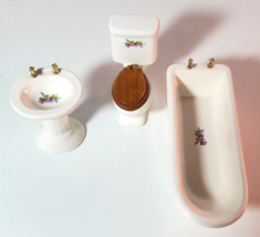 Miniature Dollhouse Bathroom Ceramic 3 Piece Bath Set VTG Tub Sink Toile... - $12.86