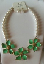 CORE Faux Pearl &amp; Green Enamel Floral Necklace &amp; Earring Set - £15.18 GBP