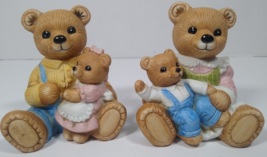 Pair Vintage Homco 1444 Porcelain Teddy Bear Figurines Set Of 2 Mom Dad Kids 4&quot; - £10.38 GBP