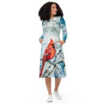 Red Bird in The Snow All-Over Print Long Sleeve Midi Dress - $58.15