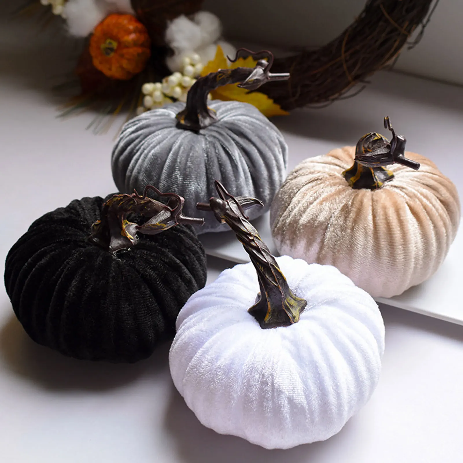 House Home 1pcs Velvet Pumpkins Exquisite Soft Artificial Pumpkin Aorted Color S - £19.64 GBP