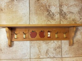 Solid Wood Wall Shelf Red Apples 4 Hangers Hooks 29.5&quot; x 8.5&quot; x 5.25&quot; - £38.71 GBP