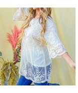 Boho Floral Embroidered Mesh Tunic Top with Lining Off White Med - $52.80 CAD