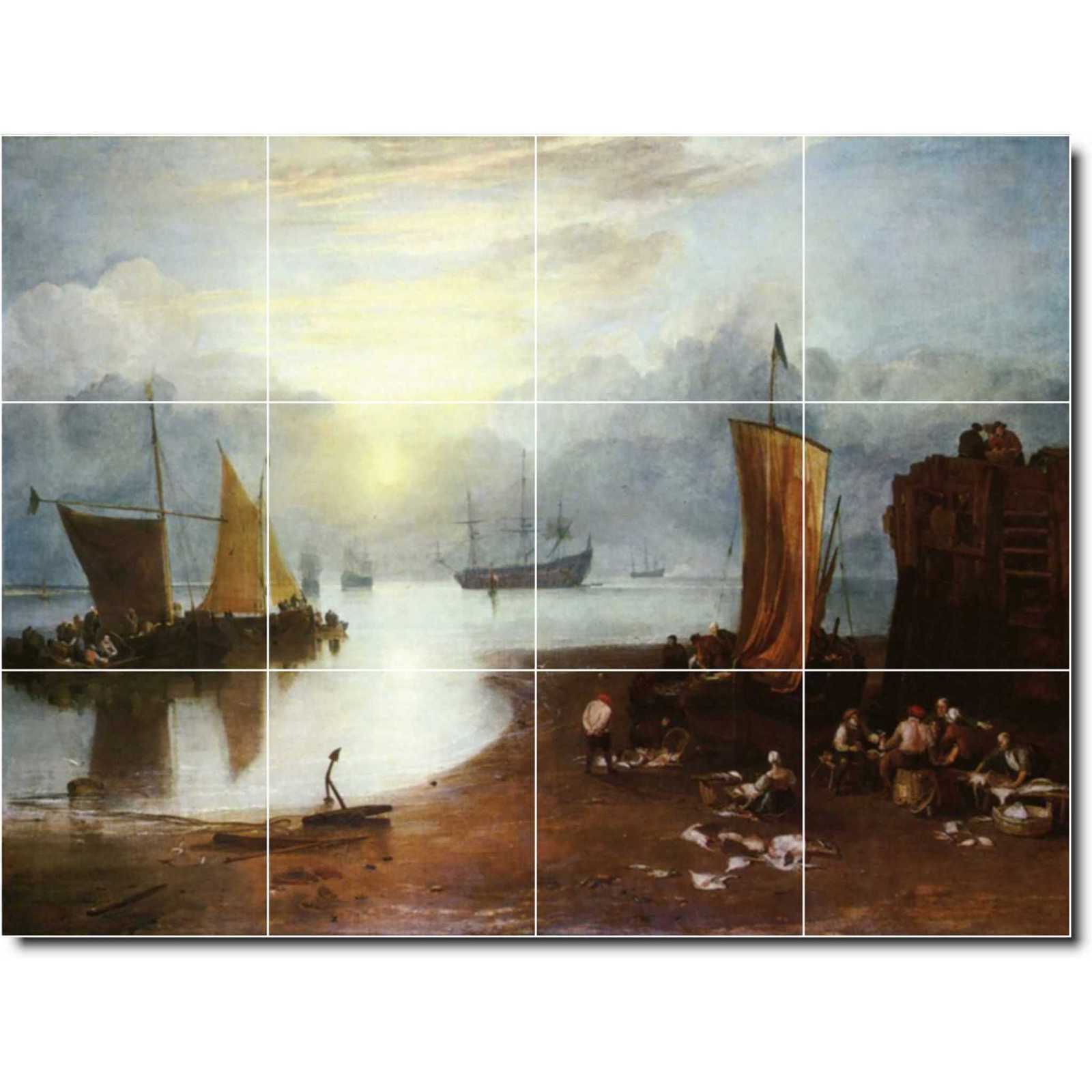 Turner joseph sun rising through vagour fishermen cleaning and sellilng fish