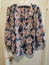 NYDJ Womens XL Blouse Blue Salmon Floral 3/4 Sleeve Button Down Blouse Shirt Top - £29.68 GBP