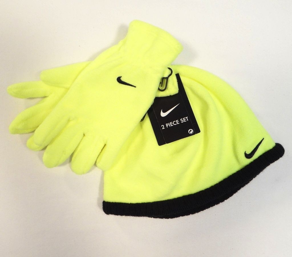 Nike Volt & Black Fleece Beanie & Fleece Gloves Youth Boy's 4-7 NWT - £17.80 GBP