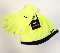 Nike Volt &amp; Black Fleece Beanie &amp; Fleece Gloves Youth Boy&#39;s 4-7 NWT - £17.80 GBP