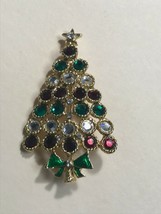 Estate Red Green &amp; Clear Round Rhinestones w Green Enamel Bow Goldtone Christmas - £15.57 GBP