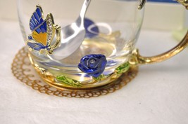 Luxury Unique Glass Tea Cup Coffee Mug &amp; Spoon Blue Rose Butterfly Gold Enamel - £15.70 GBP