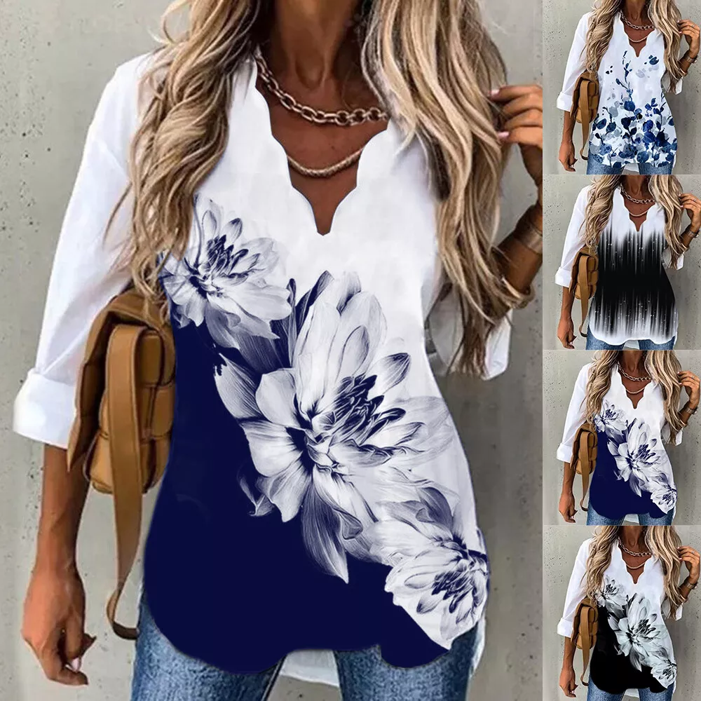 Womens Floral V Neck Shirt Tunic Tops Ladies Long Sleeve Casual Loose Bl... - $28.01