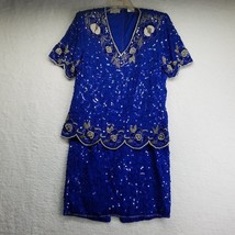 Vintage 2 Piece Silk Blouse Skirt Set Size 10 Blue Silver Beaded Shoulde... - £54.37 GBP