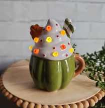 Pumpkin Mug With LED Light Up Whipped Cream Fall Ceramic Green Autumn Decor - $16.99