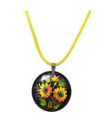 Ukrainian Hand Painted Sunflower Pendant Necklace Black Yellow Cord Cott... - $545.26 MXN