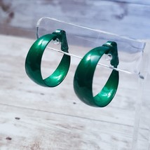 Vintage Clip On Earrings - Retro Metallic Green Hoops 1.25&quot; - $13.99