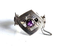 Vintage Taxco Mexico Sterling &amp; Amethyst Chunky Hinged Bangle Bracelet Signed - £564.47 GBP