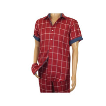 Men INSERCH premium Soft Cool Linen  2pc Walking Leisure suit 7098 Red Plaid image 2