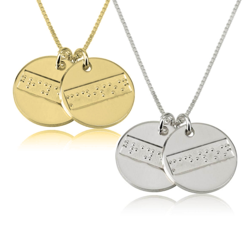 TWO DISCS BRAILLE PERSONALIZED NECKLACE & CHAIN STERLING SILVER 24K GOLD GP - £102.25 GBP