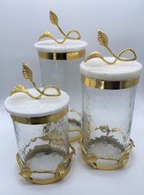 3 Pc Glass Canister with White and Gold Marble Lid  - £126.55 GBP