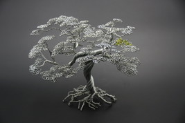 Handcrafted Galvanized Steel Metal Wire Bonsai Tree Sculpture w/gemstones 6.4&quot; - £172.50 GBP