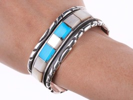 6.5&quot; Vintage Native American silver - Turquoise and mother of pearl channel inla - £254.80 GBP