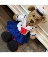 VTG Handmade Knit Crocheted Girl Teddy Bear Sailor Dress Stuffed Animal ... - $27.27 CAD