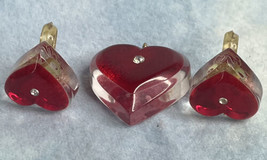 vintage red on clear lucite heart pendant and earrings With Rhinestone Chunky - £47.44 GBP